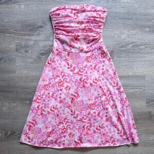 Vtg 90s Y2K Pink Floral Strapless Tube Dress Sz S Retro Pin Up Stretchy Fairy